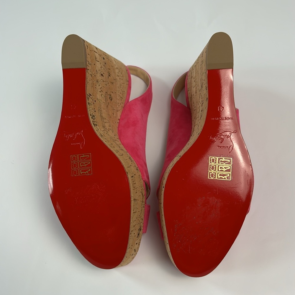 Christian Louboutin Pink Suede Cork Wedge Sandals - Picture 4 of 8